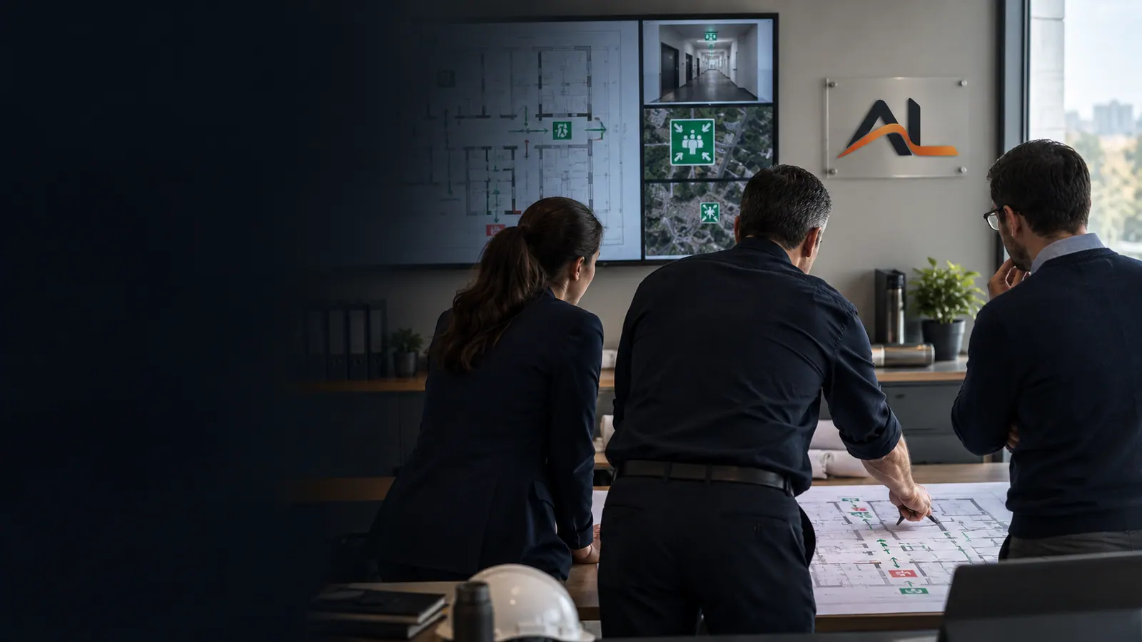 Escena ilustrativa de un equipo revisando un plan de evacuación, con el logotipo de Alan Lorenzo en la pared